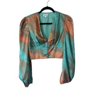 Superdown Revolve Tie Dye Long Sleeve V-Neck Cropped Blouse Multicolor Size S